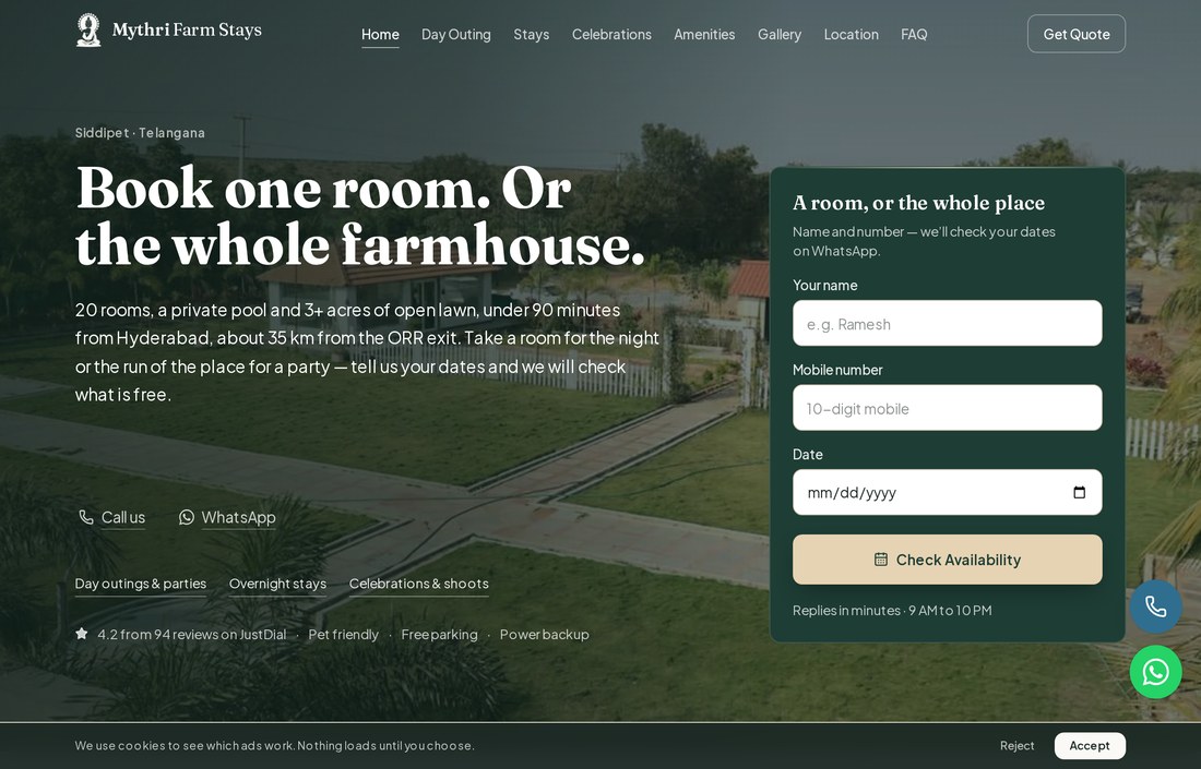 Mythri Farmstays website preview